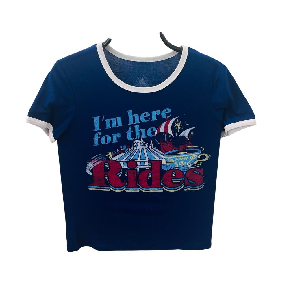Disney Parks "I’m Here For The Rides" Navy Blue Ringer T-Shirt Women’s Size SM